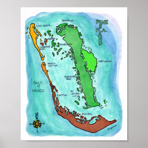 Poster Mapa das Ilhas Pine Island Sanibel Captiva