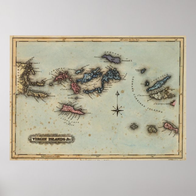Poster Mapa das Ilhas Virgens (1823) (Frente)