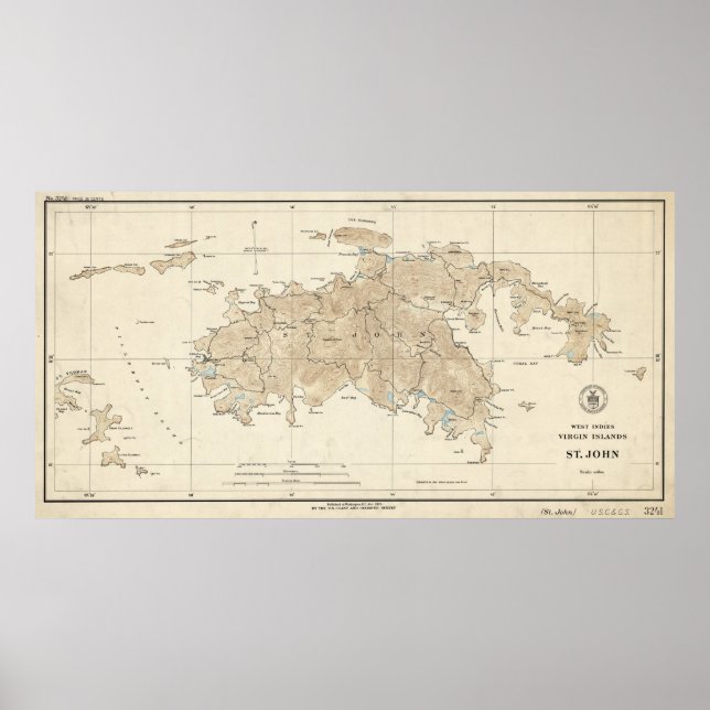 Poster Mapa das Ilhas Virgens do Santo Vintage (1922) (Frente)