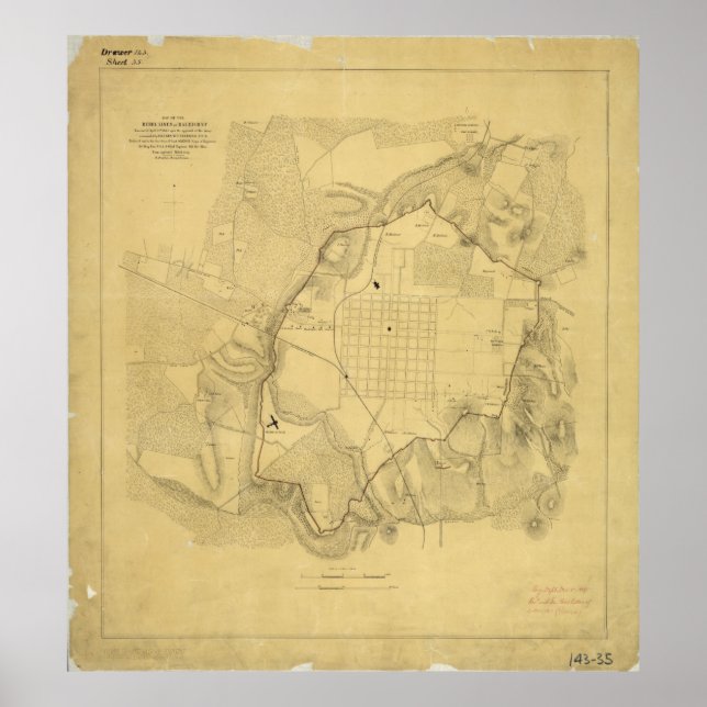 Póster Mapa das Linhas Confederadas em Raleigh (Frente)