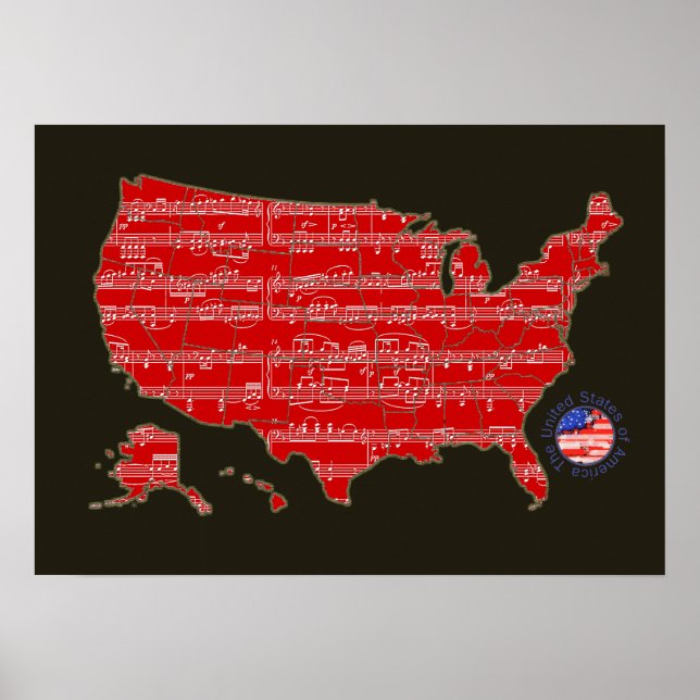 Poster mapa das notas de música vermelho/preto dos eua (Frente)