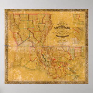 Poster Mapa das Plantações da Louisiana em 1848