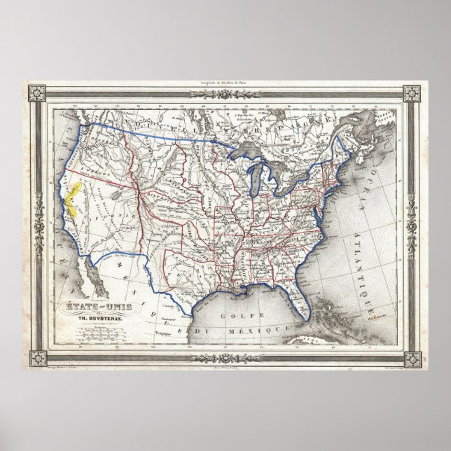 Póster Mapa das Regiões Russas Douradas dos Estados Unido (Frente)