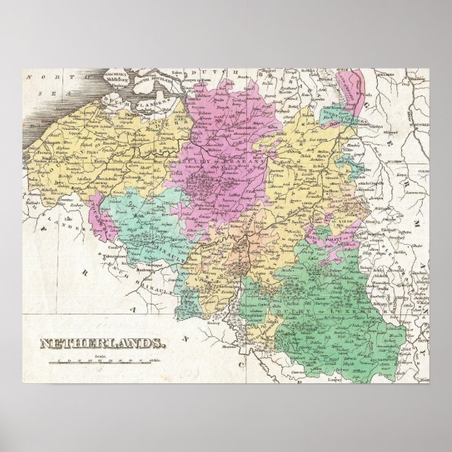 Póster Mapa das Vintagens da Bélgica (1827) (Frente)