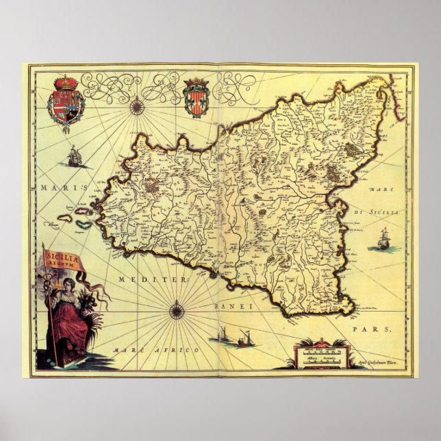 Póster Mapa das Vintagens da Sicília Itália (1600) (Frente)