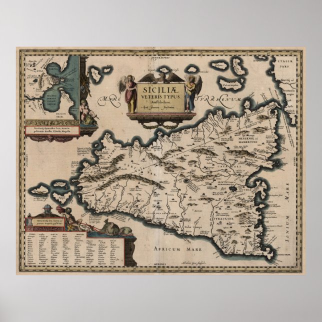 Poster Mapa das Vintagens da Sicília Itália (1619) (Frente)