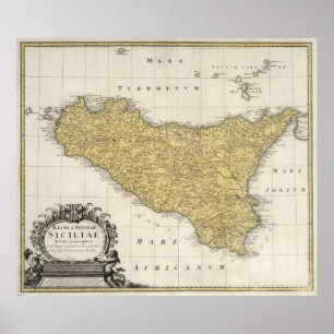 Poster Mapa das Vintagens da Sicília Itália (1747)