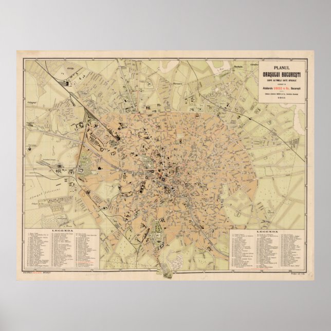 Poster Mapa das Vintagens de Bucareste na Romênia (1911) (Frente)