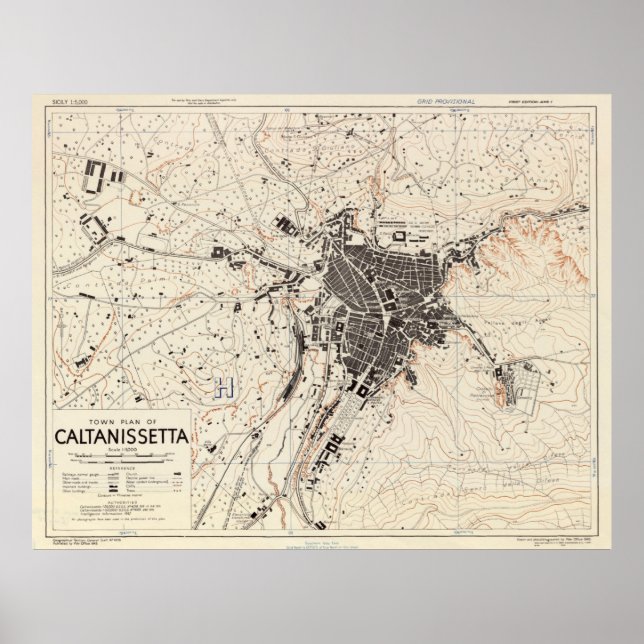 Poster Mapa das Vintagens de Caltanissetta Itália (1943) (Frente)
