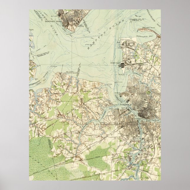 Poster Mapa das Vintagens de Hampton Roads (1918) (Frente)