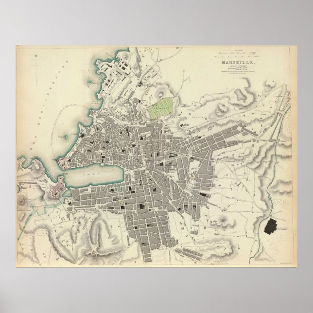 Poster Mapa das Vintagens de Marselha França (1840) (Frente)