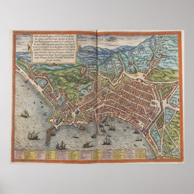 Póster Mapa das Vintagens de Nápoles, Itália (1572) (Frente)