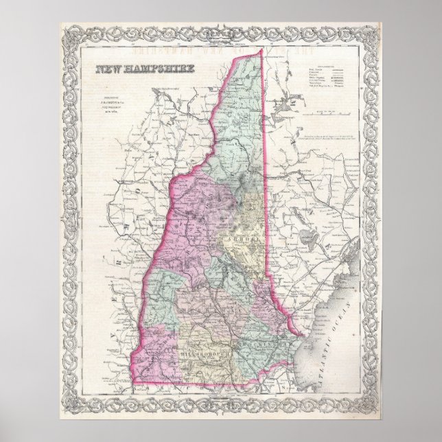 Poster Mapa das Vintagens de New Hampshire (1855) (Frente)