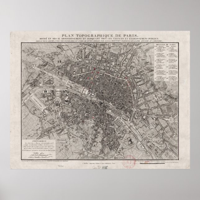 Poster Mapa das Vintagens de Paris (1837) (Frente)