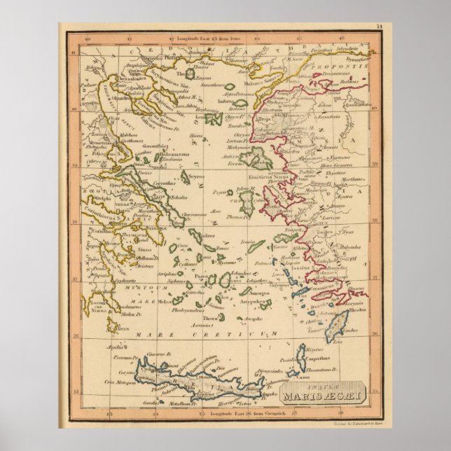 Poster Mapa das Vintagens do Mar Egeu (1835) (Frente)