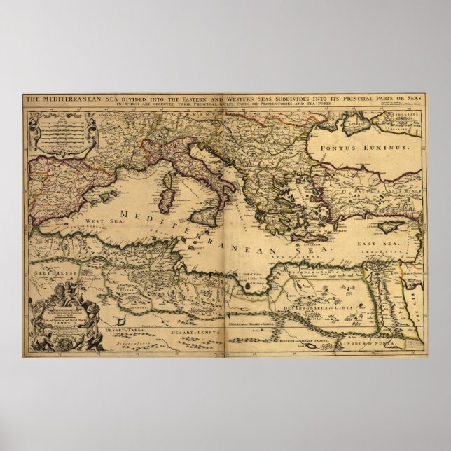 Poster Mapa das Vintagens do Mar Mediterrâneo (1685) (Frente)