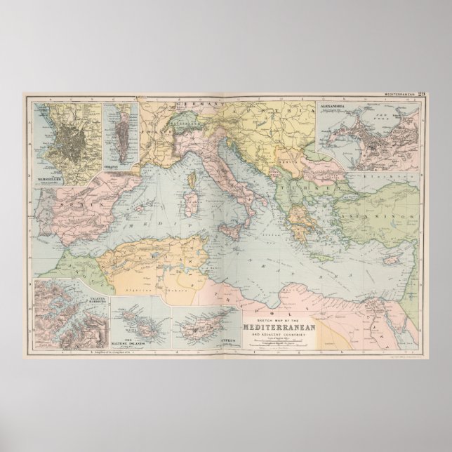 Póster Mapa das Vintagens do Mar Mediterrâneo (1891) (Frente)