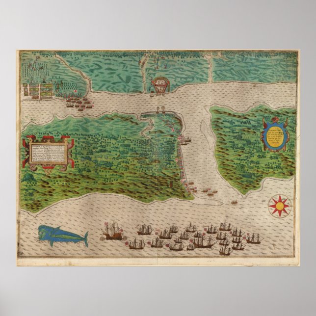Póster Mapa de 1589 - Viagem de Drake - Rua de Augustine, (Frente)