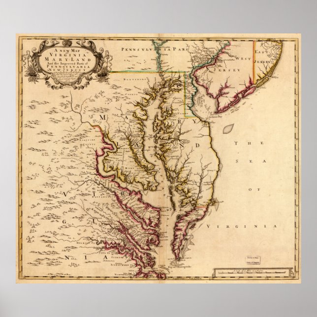 Poster Mapa de 1721 de Virgínia e Maryland (Frente)