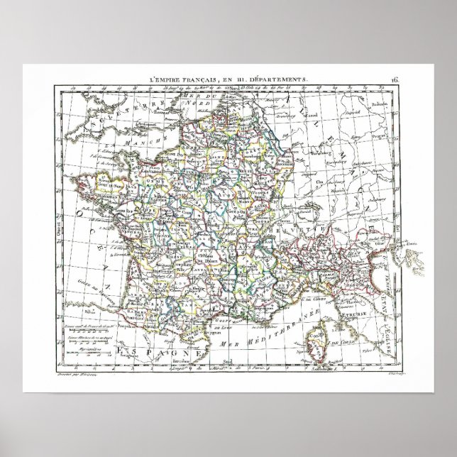 Póster Mapa de 1806 - L'Empire Francais em 111 departamen (Frente)