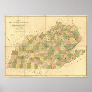 Póster Mapa de 1839 de Pais e Estradas do Tennessee e Ken