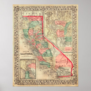 Poster Mapa de 1867, Califórnia, Vintage
