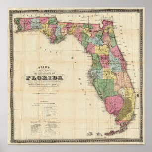 Poster Mapa de 1870 Vintage da Flórida