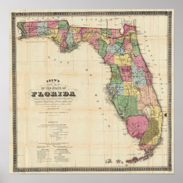 Poster Mapa de 1870 Vintage da Flórida (Frente)