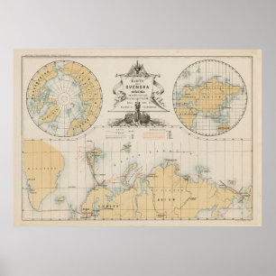 Poster Mapa de 1880 do Árctico Vintage e do Polo Norte