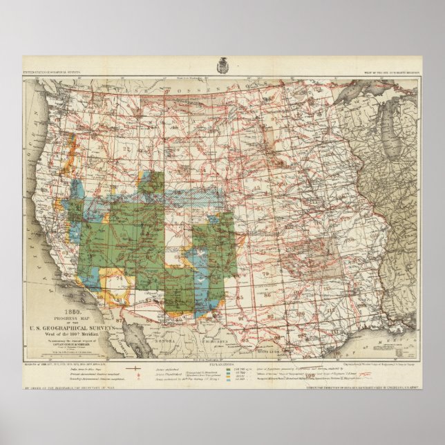 Poster Mapa de 1880 dos Inquéritos Geográficos dos EUA (Frente)