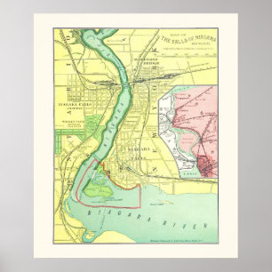 Póster Mapa de 1885 das Cataratas Niagara e Vintage