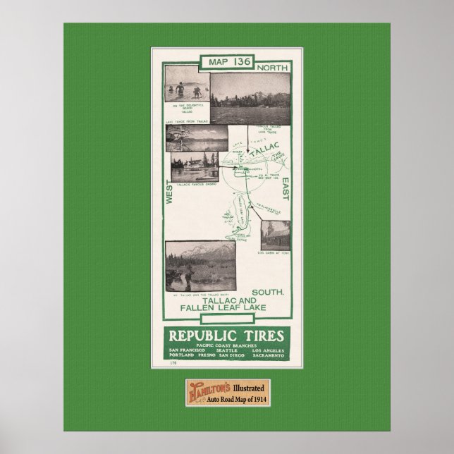 Póster Mapa de 1914, Lago Folha Fallen e Tallac (Frente)