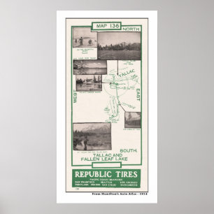 Poster Mapa de 1914, Lago Folha Fallen e Tallac