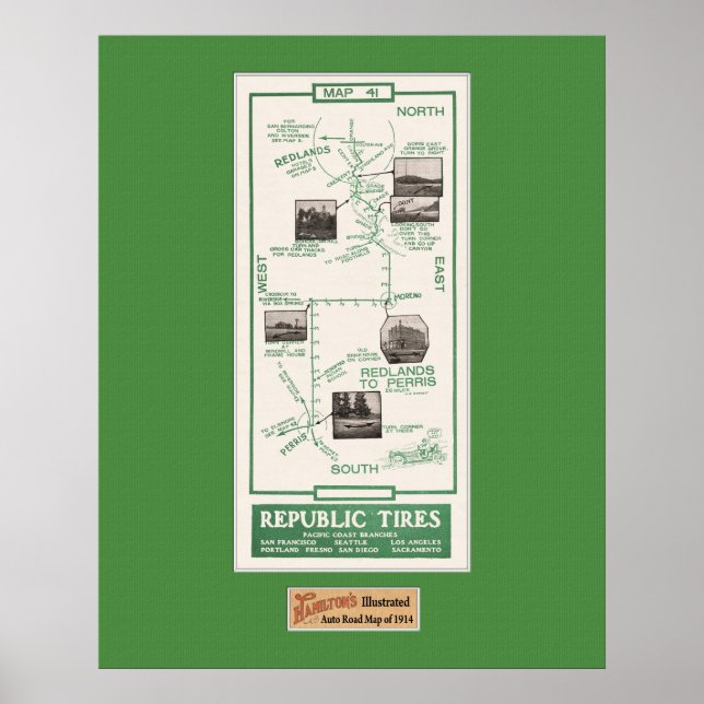 Póster Mapa de 1914, Redlands para Perris (Frente)