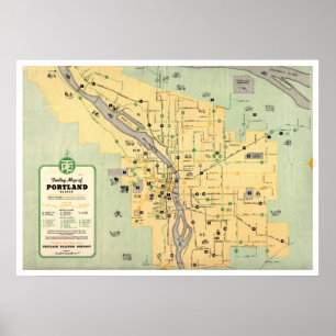 Póster Mapa de 1955 do Portland Oregon Trolley Streetcar