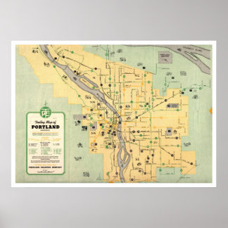 Póster Mapa de 1955 do Portland Oregon Trolley Streetcar