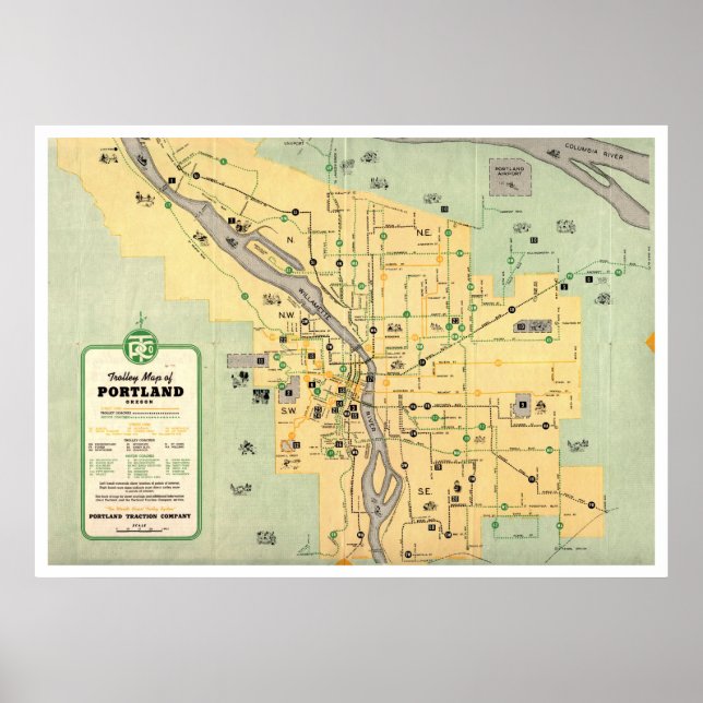 Póster Mapa de 1955 do Portland Oregon Trolley Streetcar (Frente)