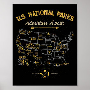 Poster Mapa de 63 Parques Nacionais Us Parque Retro Vinta