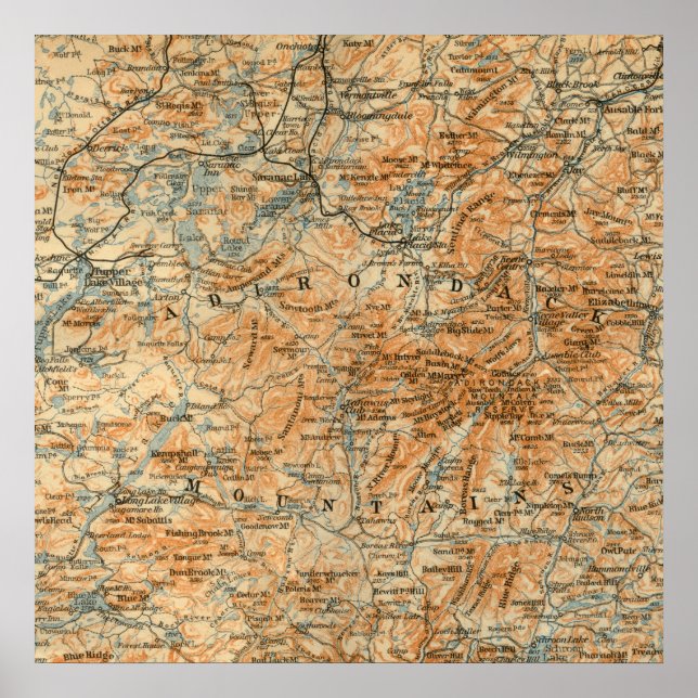 Póster Mapa de Adirondacks Antiquado (Frente)