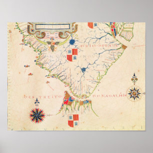 Póster Mapa de Ámérica do Sul e dos passos de Magellan