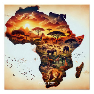 Póster Mapa de animais da África em fantasia