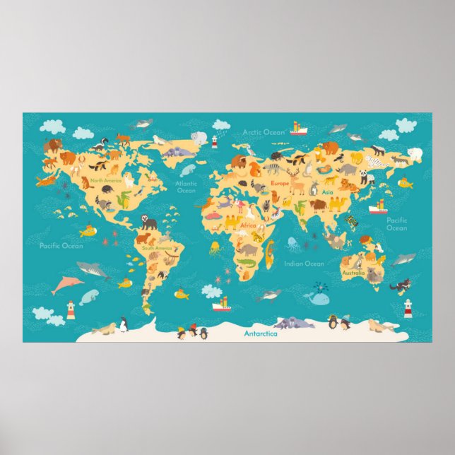 Poster Mapa de Animais do Mundo para Crianças (Frente)