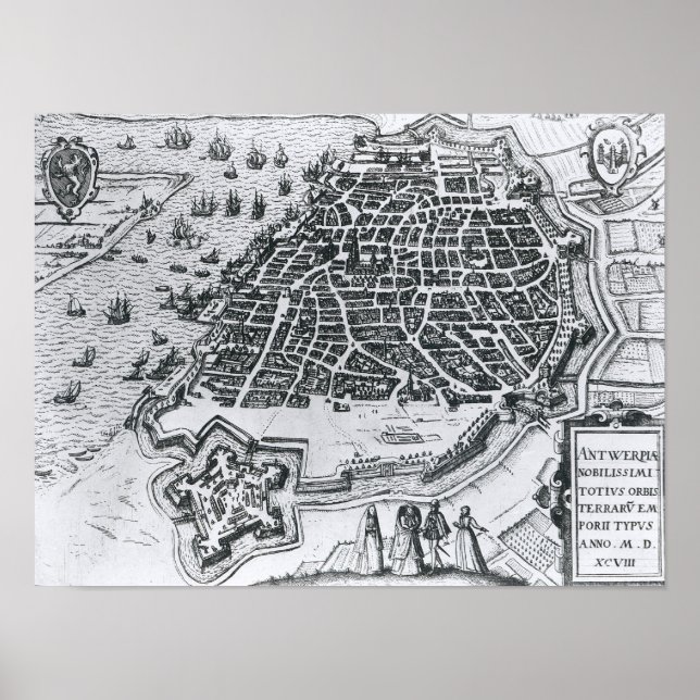 Póster Mapa de Antuérpia, 1598 (Frente)