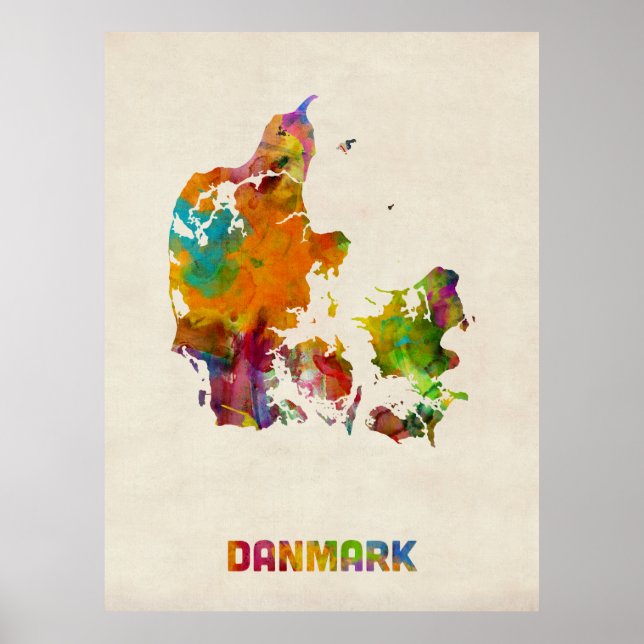 Póster Mapa de Aquarela da Dinamarca (Frente)