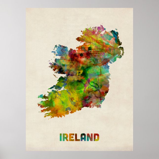 Póster Mapa de Aquarela da Irlanda (Frente)