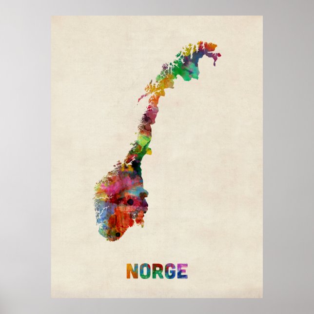 Póster Mapa de Aquarela da Noruega (Frente)