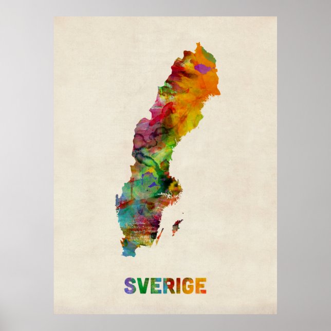Póster Mapa de Aquarela de suecia (Frente)