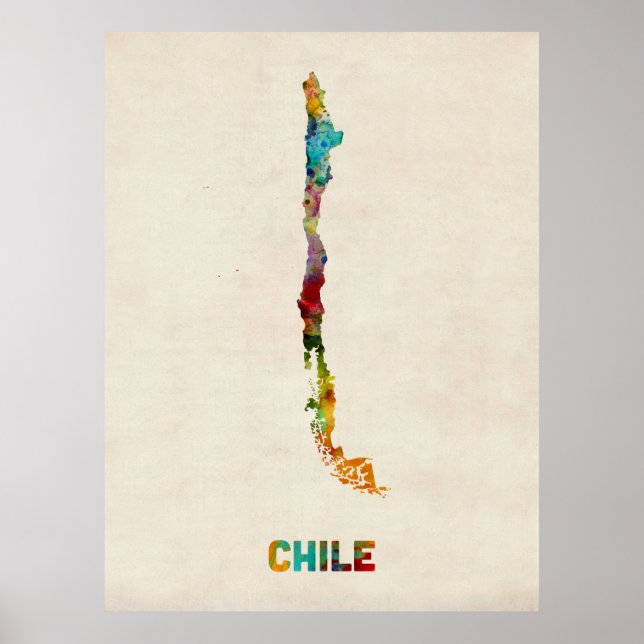 Poster Mapa de Aquarela do Chile (Frente)