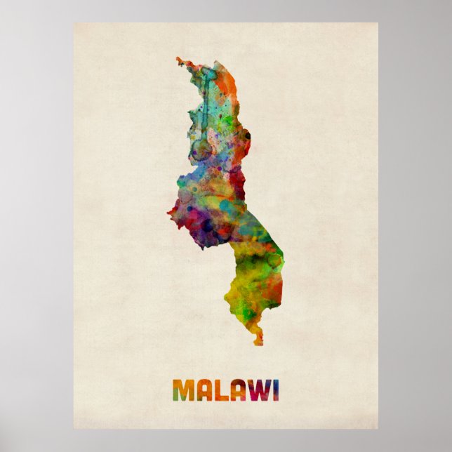 Póster Mapa de Aquarelas do Malawi (Frente)