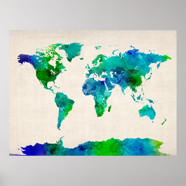 Póster Mapa de Aquarelas do Mapa Mundial (Frente)